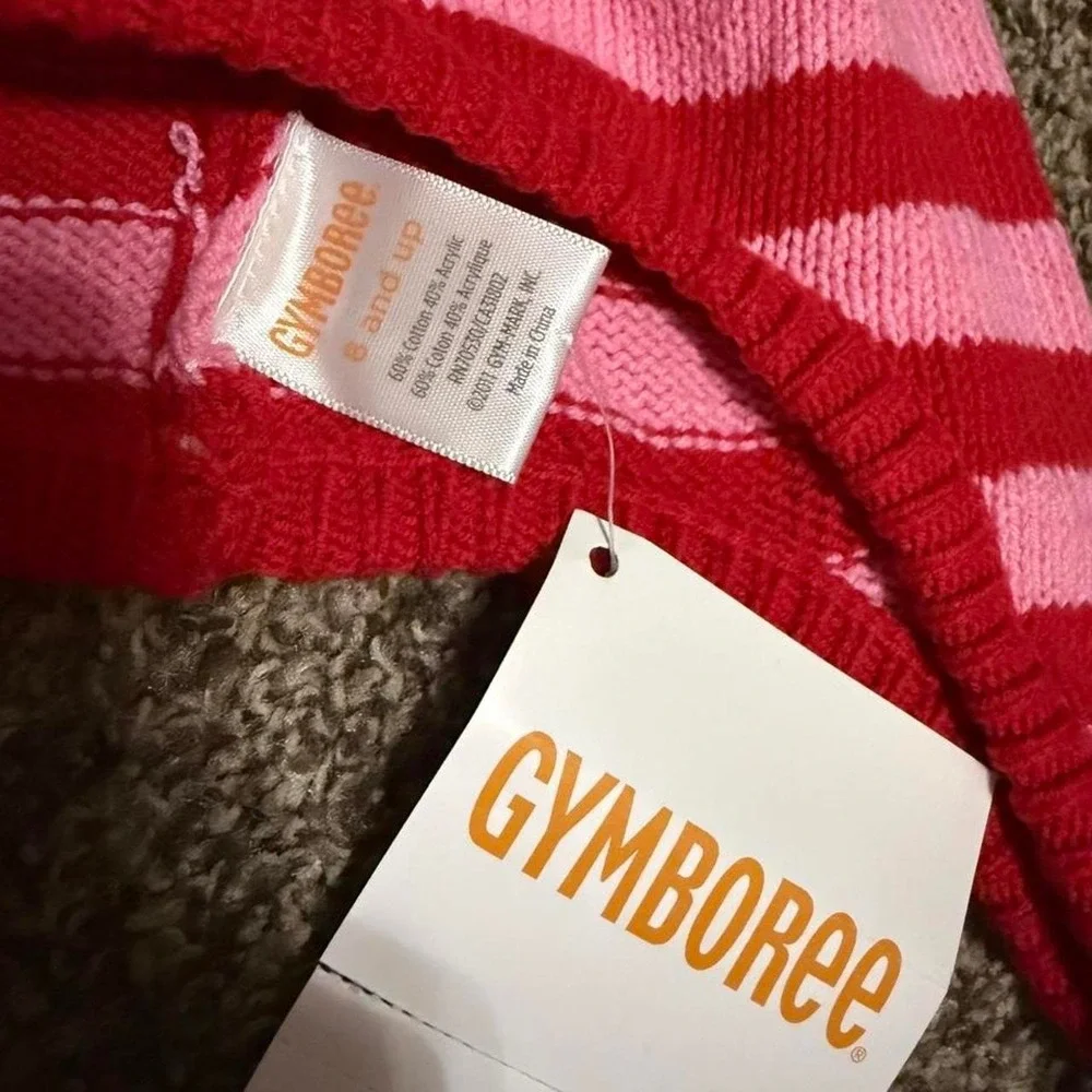 Gymboree pink and red striped knit hat with pom-poms